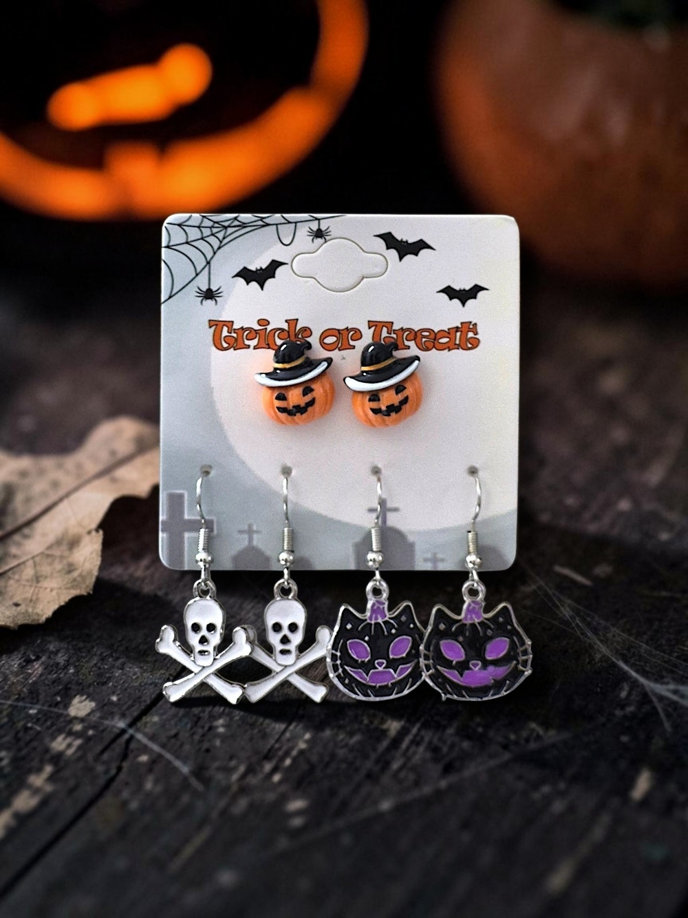 Halloween 3-Piece Earring Set – Jack-O'-Lantern, Skull & Black Cat